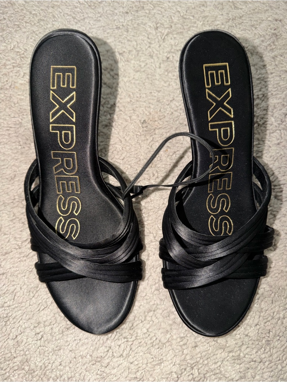 Express Black Strappy Slide Mules with Gold Logo